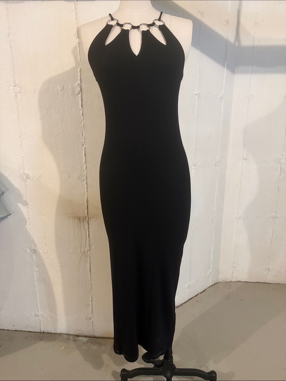 Elegant Black Maxi Dress with Decorative Halter Rings
